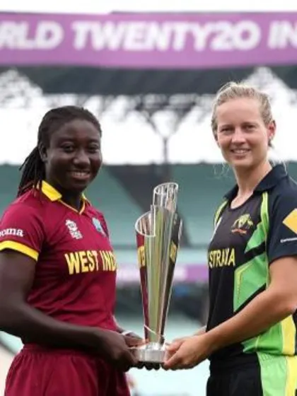 Stafanie Taylor and Meg Lanning with the ICC WWT20 trophy