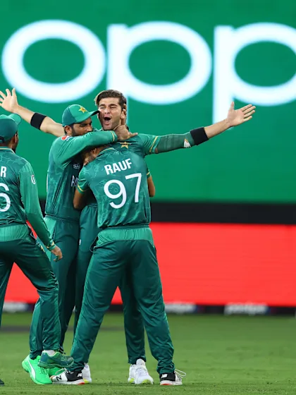 Aaron Finch departs after a peach from Shaheen Afridi