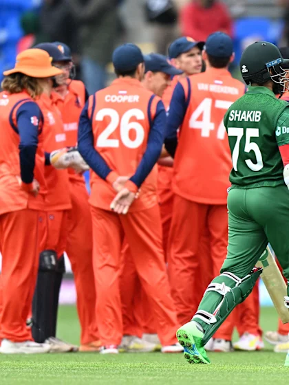 Logo of Shakib Al Hasan falls to brilliant boundary catch from Bas de Leede | T20WC 2022