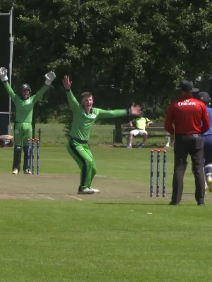 U19 CWC Europe Q: Sco v Ire: Ireland's Nathan McGuire takes 2 for 31 in his 10 overs