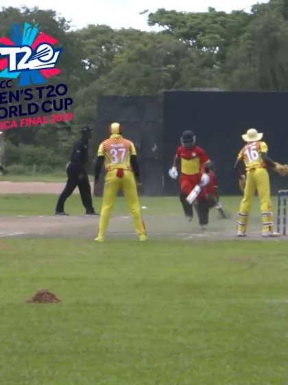 Men's T20WCQ Africa Final: Uganda v Ghana – Brian Masaba runs out Frank Baaleri for eight 