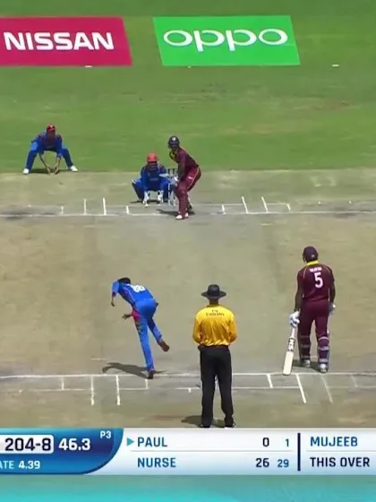 Logo of Mujeeb Ur Rahman's 4/43 against West Indies in the CWCQ final