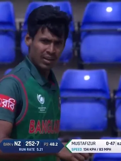 Logo of WICKET: Adam Milne is dismissed by Mustafizur Rahman for 7