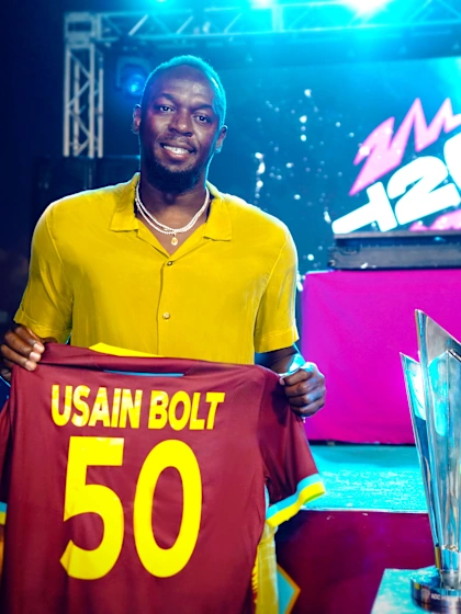 Logo of Usain Bolt with the ICC Men's T20 World Cup trophy