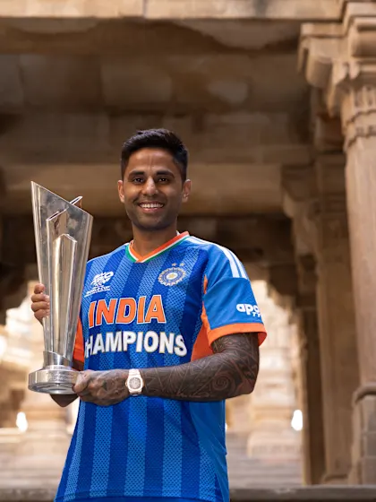 ICC MEN'S T20 WORLD CUP WINNING CAPTAIN SURYAKUMAR YADAV WITH COVETED WORLD CUP TROPHY. INDIA ARE NOW RECORD, THREE-TIME ICC MEN'S T20 WORLD CUP CHAMPIONS. PHOTO CREDIT: GETTY IMAGES FOR ICC