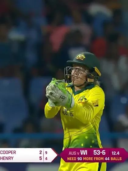 WI v AUS: Alyssa Healy holds on to a skyer to send back Cooper