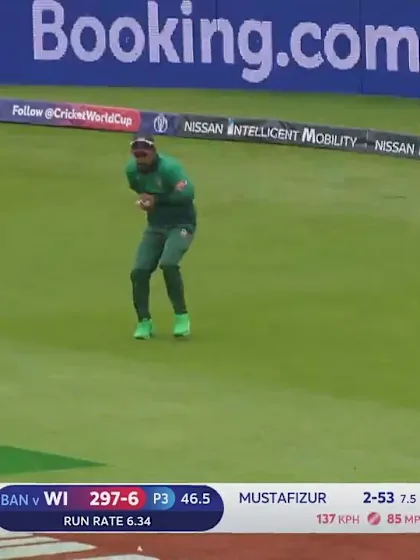 Logo of CWC19: WI v BAN - Shai Hope is caught off Mustafizur for 96
