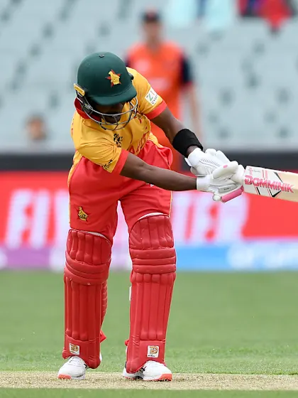 Logo of Bowled! A cracker scatters all three stumps for Wesley Madhevere from Zimbabwe | T20WC 2022