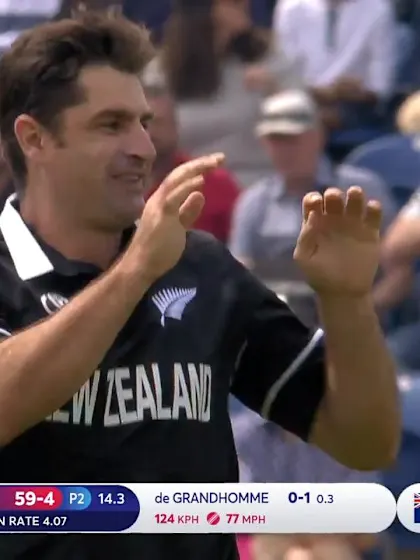 Logo of CWC19: NZ v SL - de Grandhomme takes the crucial wicket of Matthews 