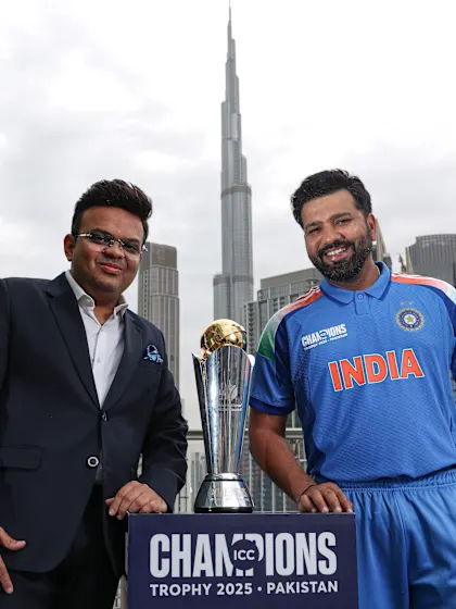Logo of ICC Men's Champions Trophy 2025 post-final trophy shoot- ICC Chairman Jay Shah and India Captain Rohit Sharma