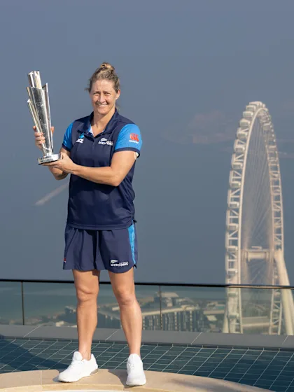 New Zealand captain Sophie Devine, ICC Women’s T20 World Cup 2024 champion, celebrates with the trophy at Dubai’s record-breaking infinity pool at The Address Beach Resort