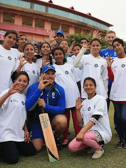 Aaron Finch, Ashton Agar and Peter Nevill enjoy a game in the rain with ICC Cricket For Good and Team Swachh in Dharamsala 