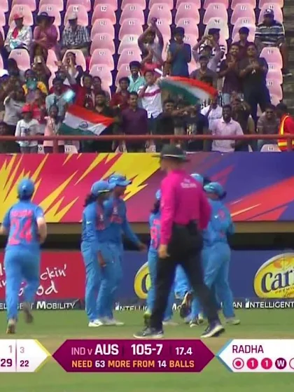 IND v AUS: Radha Yadav holds on to a skier off her own bowling