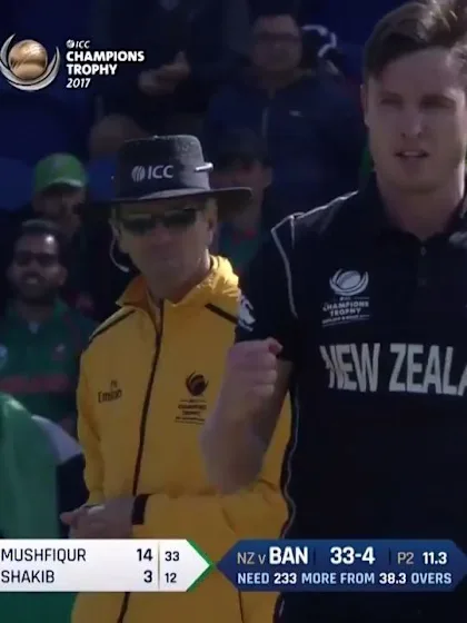 Logo of WICKET: Mushfiqur Rahim is dismissed by Adam Milne for 14