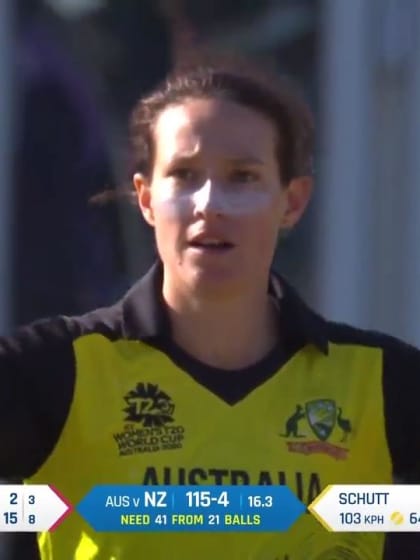 WT20WC: Aus v NZ - Megan Schutt takes her first wicket of the semi-final