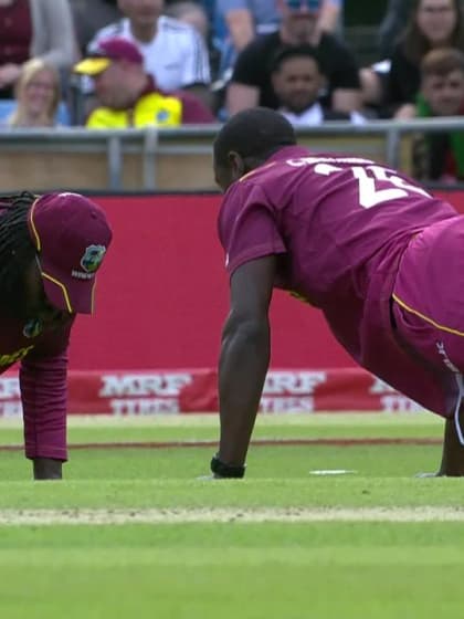 CWC19: AFG v WI – Gayle and  Brathwaite  celebrate Rahmat's dismissal 