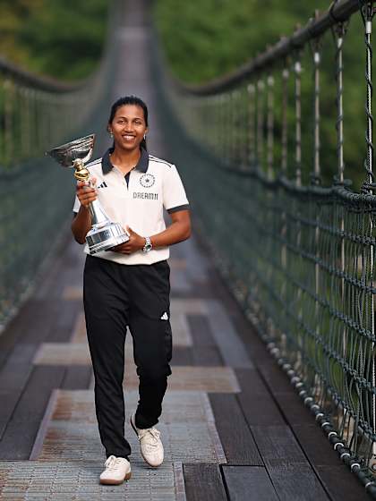 India U19 Women’s Captain, Niki Prasad with the ICC U19 Women’s T20 World Cup trophy after her team’s successful title defence at the Sunway City Pedestrian Suspension Bridge, the longest of its kind in Malaysia.
