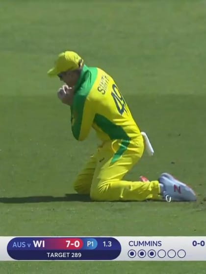 CWC19: AUS v WI - Evin Lewis is caught at slip off Pat Cummins' bowling