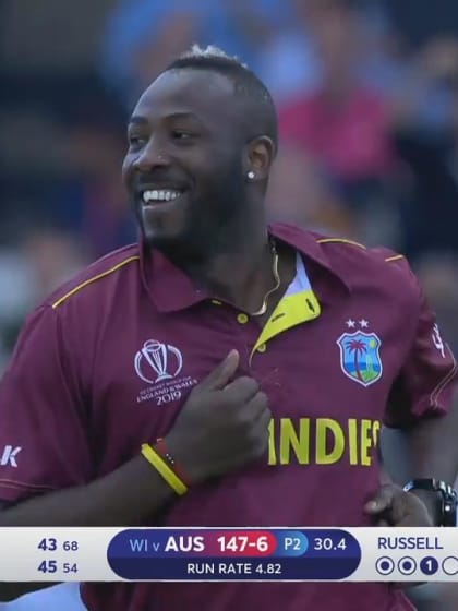 CWC19: AUS v WI - Andre Russell has Alex Carey caught behind