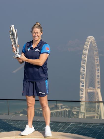 New Zealand captain Sophie Devine, ICC Women’s T20 World Cup 2024 champion, celebrates with the trophy at Dubai’s record-breaking infinity pool at The Address Beach Resort