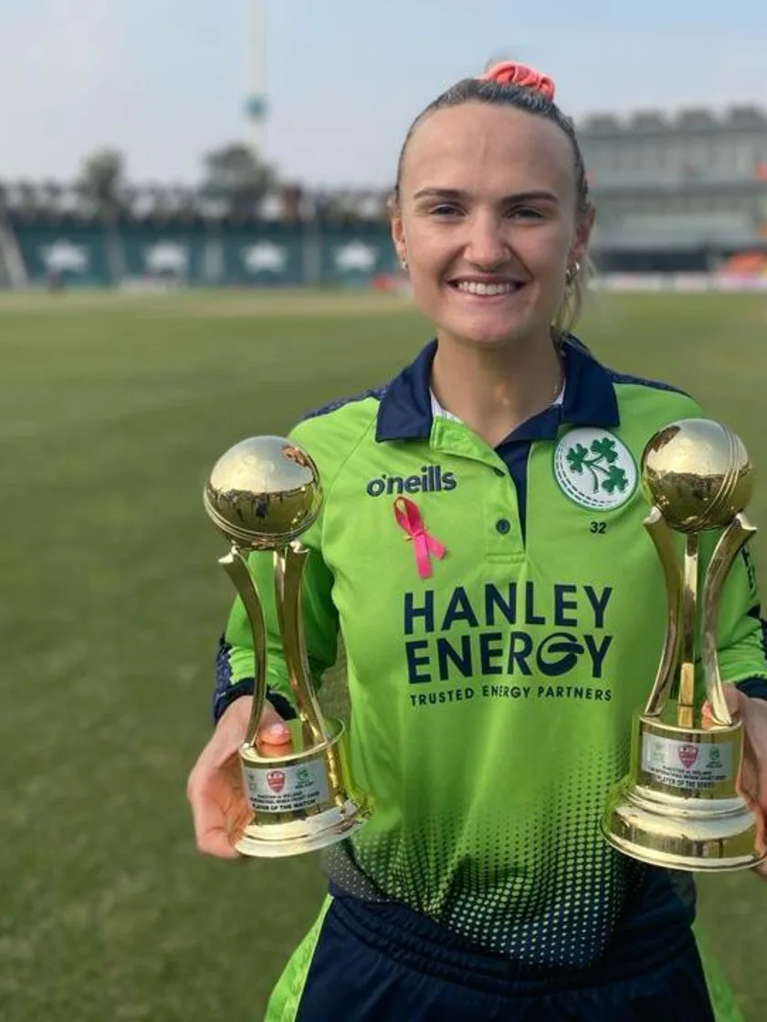 Logo of Gaby Lewis with Player of the Match and Player of the Series trophies (Pic credit: Ireland cricket)