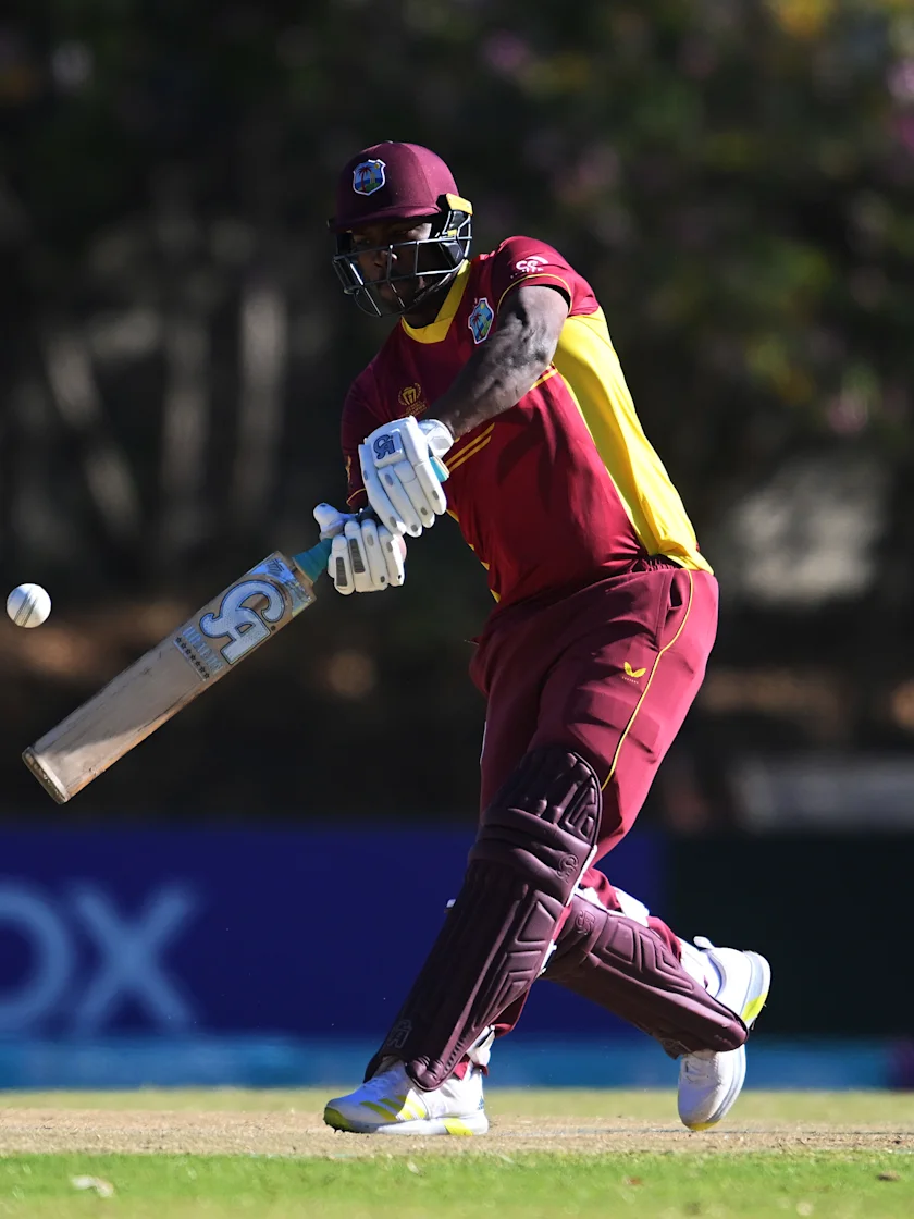 Logo of Johnson Charles of West Indies plays a shot during the ICC Men's Cricket World Cup Qualifier Zimbabwe 2023 match between the West Indies and Netherlands at Takashinga Cricket Club on June 26, 2023 in Harare, Zimbabwe.