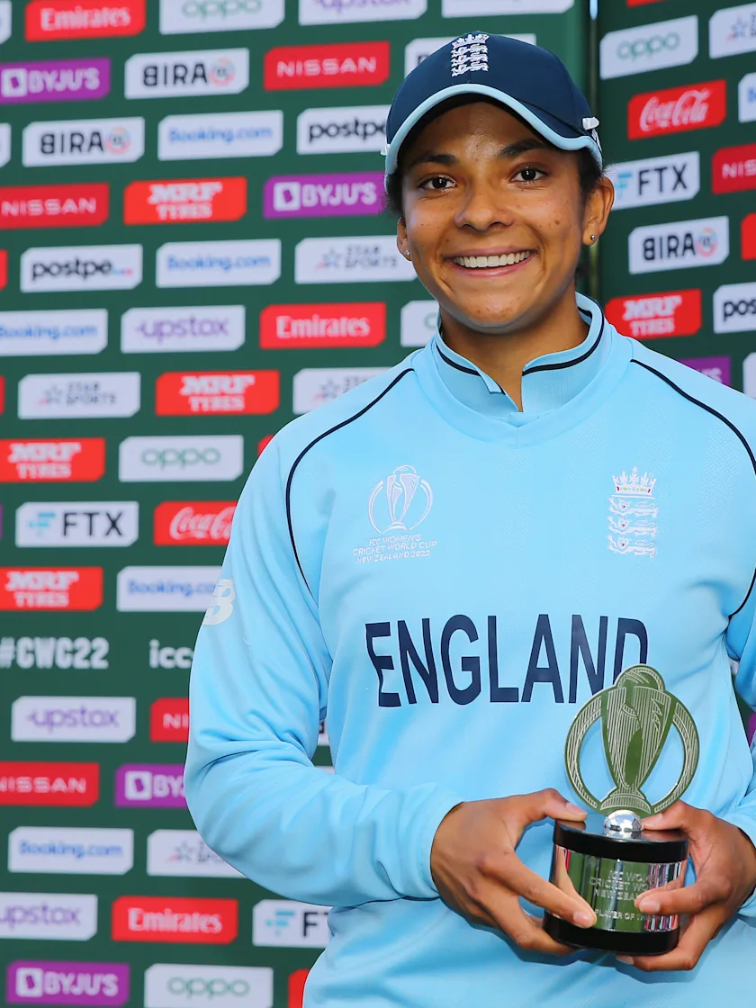 Logo of Sophia Dunkley of England poses with the Player of the Match award after the 2022 ICC Women's Cricket World Cup match between England and Bangladesh at Basin Reserve on March 27, 2022 in Wellington, New Zealand.