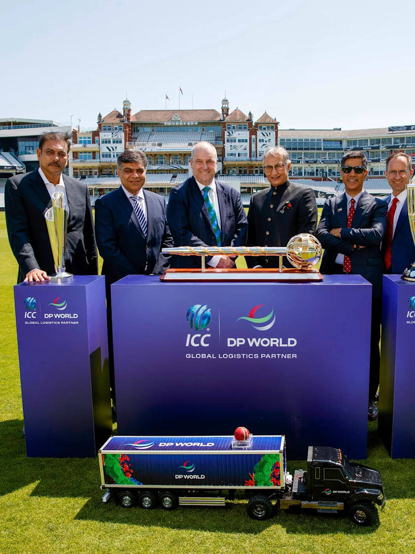 Logo of From left to right: Ravi Shastri - ICC Ambassador, Anurag Dahiya - CCO, ICC, Geoff Allardice - CEO, ICC, Yuvraj Narayan - Group Deputy CEO and CFO, DP World, Rashid Abdulla - CEO & MD, Europe, DP World, Daniel van Otterdijk - Group CCO, DP World