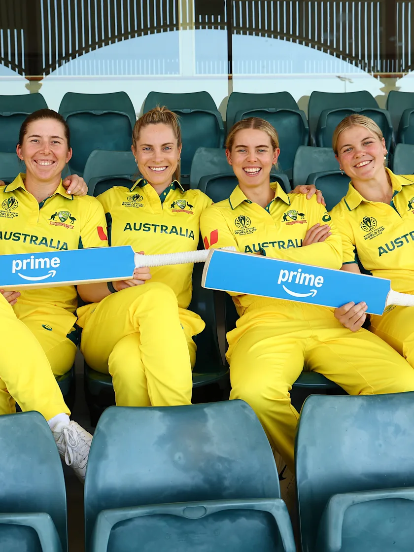 Kim Garth, Georgia Wareham, Sophie Molineux, Phoebe Litchfield and Georgia Voll pose for a photo during the Australia ICC Women's Cricket World Cup 2025 Squad Announcement