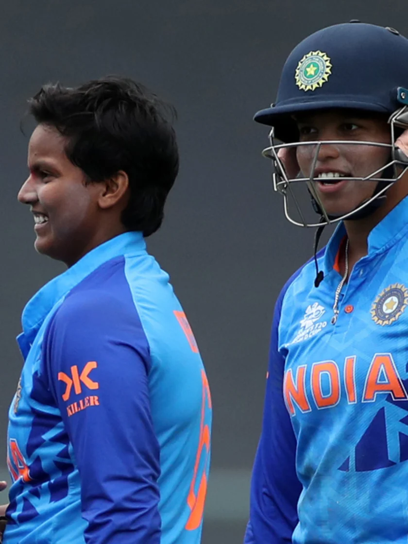 Logo of Deepti Sharma all smiles with Sanjana Ganesan after joining 100 club | Women's T20WC 2023