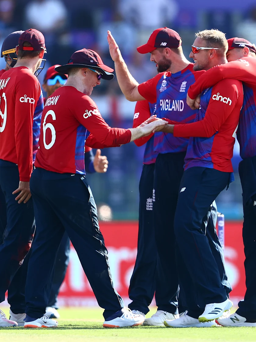 Logo of Liam Livingstone of England celebrates the wicket of Mushfiqur Rahim of Bangladesh during the ICC Men's T20 World Cup match between England and Bangladesh at Sheikh Zayed stadium on October 27, 2021 in Abu Dhabi, United Arab Emirates.