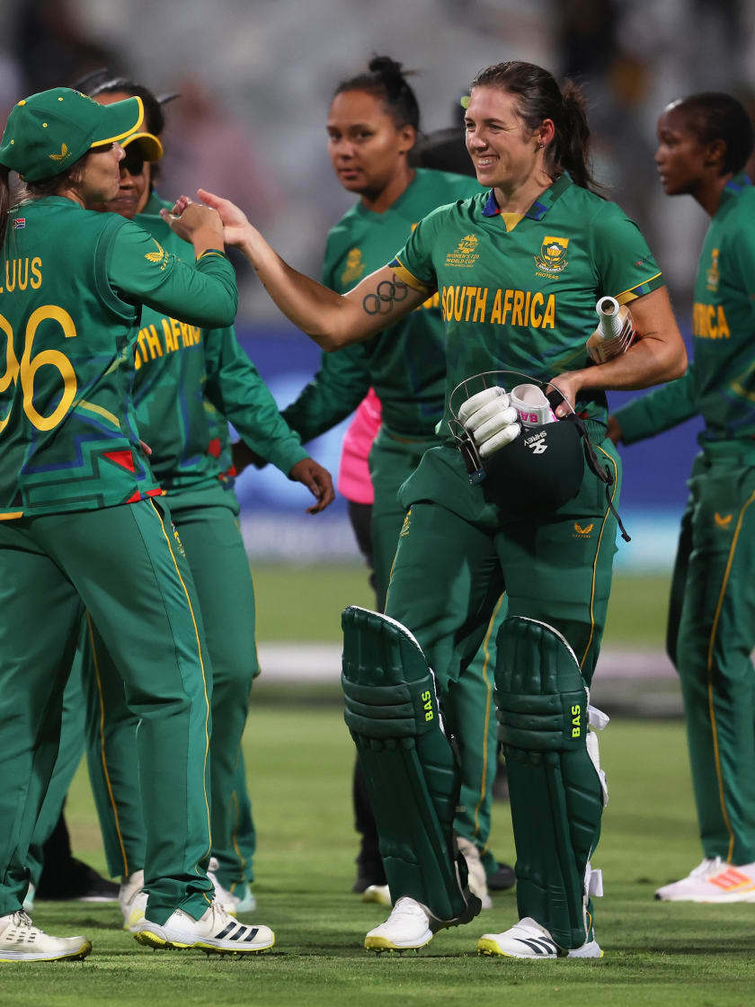 Players of South Africa celebrate following the ICC Women's T20 World Cup group A match between South Africa and Bangladesh at Newlands Stadium on February 21, 2023 in Cape Town, South Africa.