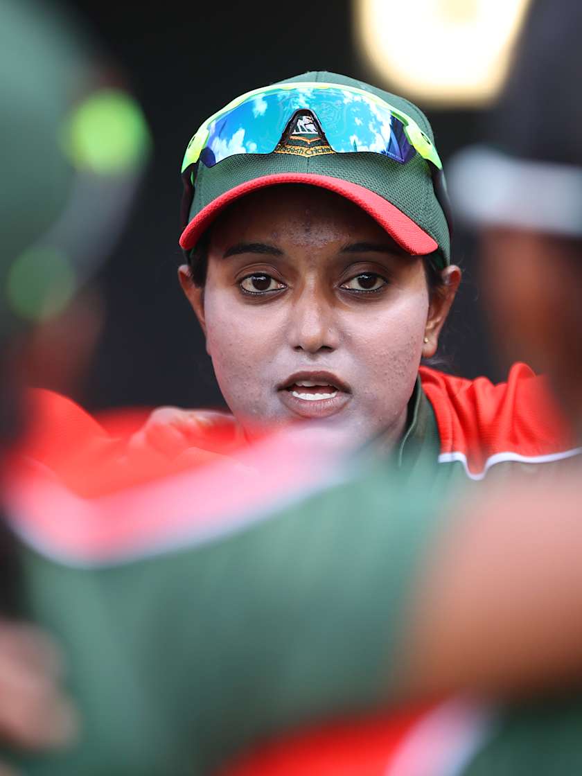 Bangladesh captain Nigar Sultana talks to her players before the 2022 ICC Women's Cricket World Cup match between India and Bangladesh at Seddon Park on March 22, 2022 in Hamilton, New Zealand.