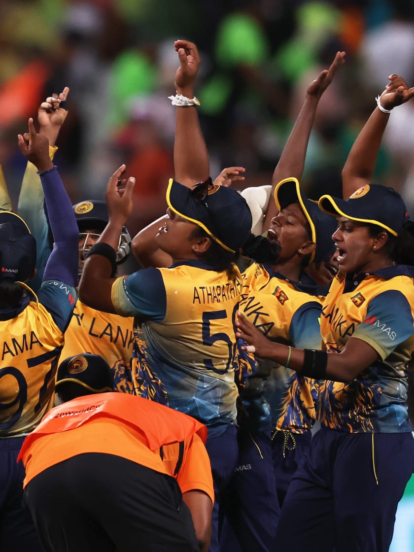 Players of Sri Lanka celebrate following the ICC Women's T20 World Cup group A match between South Africa and Sri Lanka at Newlands Stadium on February 10, 2023 in Cape Town, South Africa.