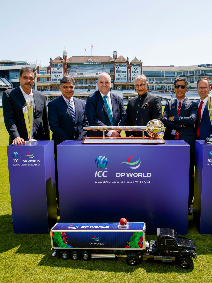 From left to right: Ravi Shastri - ICC Ambassador, Anurag Dahiya - CCO, ICC, Geoff Allardice - CEO, ICC, Yuvraj Narayan - Group Deputy CEO and CFO, DP World, Rashid Abdulla - CEO & MD, Europe, DP World, Daniel van Otterdijk - Group CCO, DP World