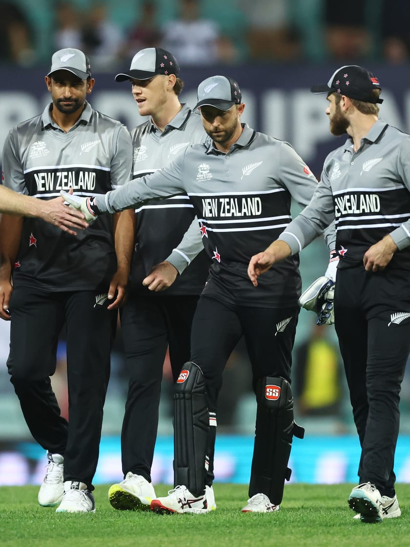 New Zealand celebrate victory during the ICC Men's T20 World Cup match between Australia and New Zealand