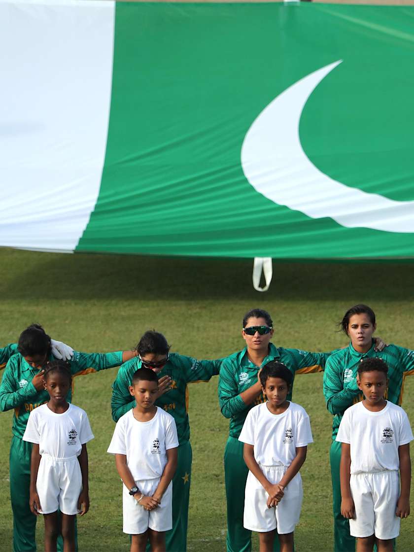 Members of the Pakistan team during the national anthems, match 2 of the ICC Women's World T20. Australia Women v Pakistan Women at Providence Stadium on November 9, 2018 in Providence, Guyana.