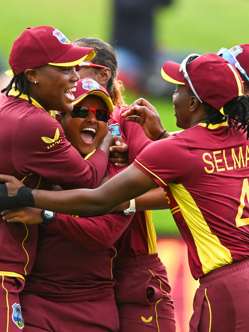 Anisa Mohammed of West Indies celebrates dismissing Sophie Ecclestone of England and winning the game for West Indies during the 2022 ICC Women's Cricket World Cup match between West Indies and England at University Oval on March 09, 2022.