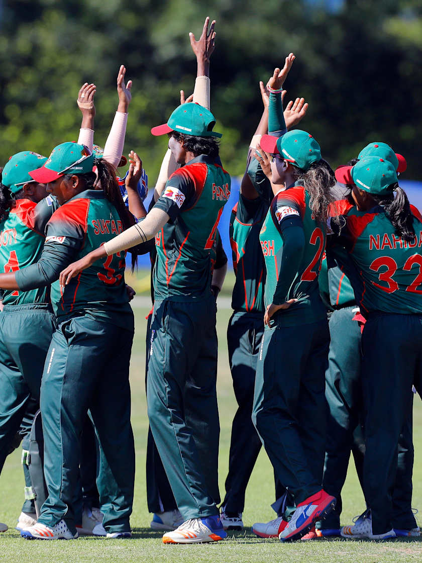 Match 7: Bangladesh team celebrates Netherlands all out, Netherlands Women v Bangladesh Women, Group B, ICC Women's World Twenty20 Qualifier at Utrecht, 8th July 2018.